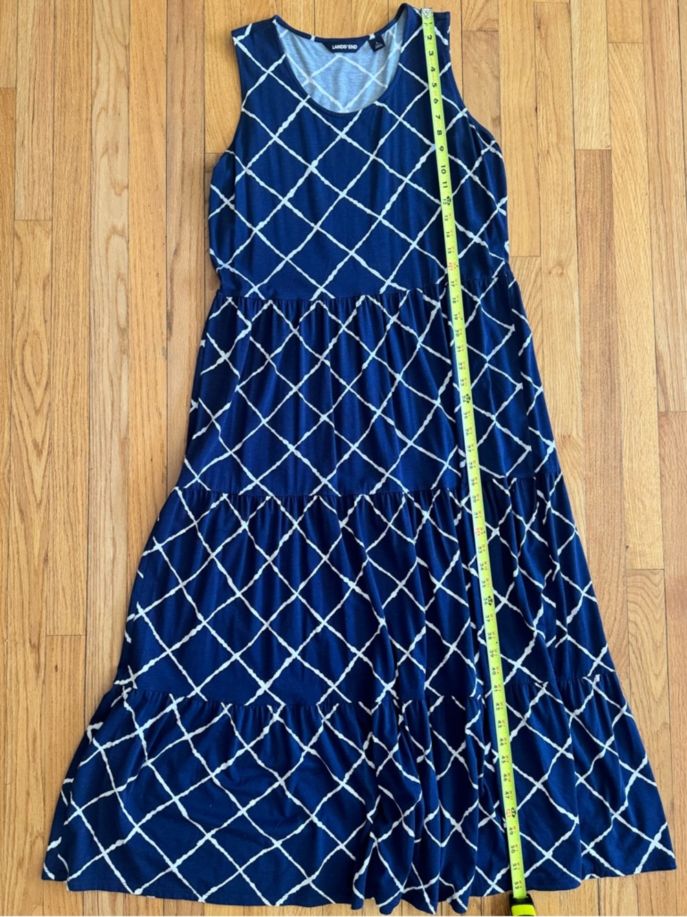 Women’s Lands' End Navy Blue Cozy Maxi Dress with White Lattice Print Size L - Picture 2 of 9